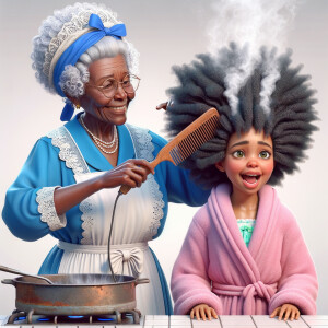 Create a realistic 3-D image of an african-American grandmother wearing a blue house dress and a white apron . She is in the kitchen with her african-American granddaughter. Her granddaughter is wearing a pink bath robe. The grandmother has a hot comb in her hand and she is straightening her granddaughters hair. One side of her granddaughters hair is in  a Afro the other straight 
There is smoke coming from the hot comb
The granddaughter is making a face