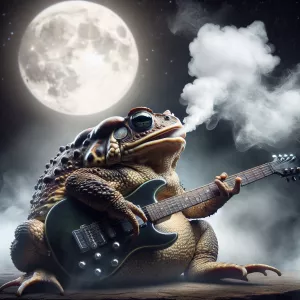 A colossal toad with smoke billowing from its mouth, strumming a...