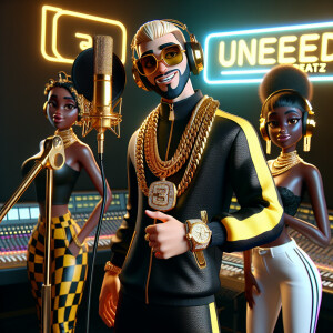 Speed racer in a recording studio in the booth uneedbeatz logo o...