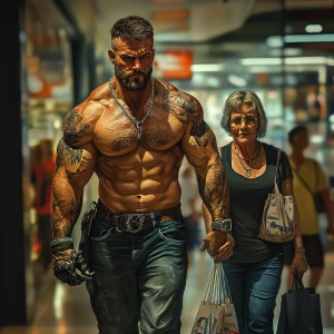 Photorealism,fantasy,a man beefy muscular criminal tattoed walki...