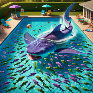 A school of purple and green piranhas take down a giant blue sti...