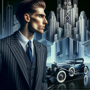 A man in a pinstripe suit and fedora, standing in front of a cla...