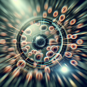 A sci-fi FPV fly through. A close-up view of dividing cells. Dyn...