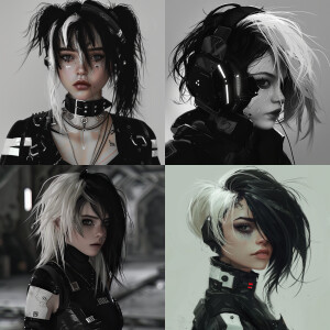 Try to create an emo girl with messy black-to-white hair with cy...