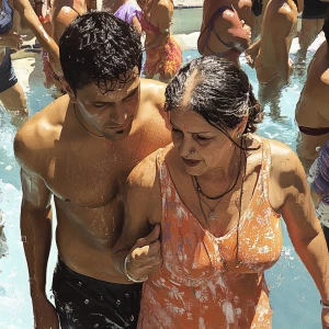 Digital art 1:1,a muscular sweaty pierced man  walking with his...