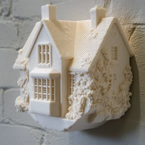 3D printed scale model of a house being displayed as art on a wall