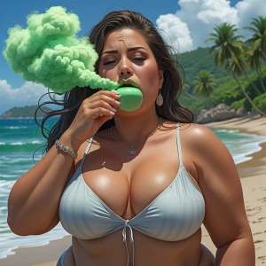 Hot Ssbbw woman at the beach burping green cloud, highly detaile...