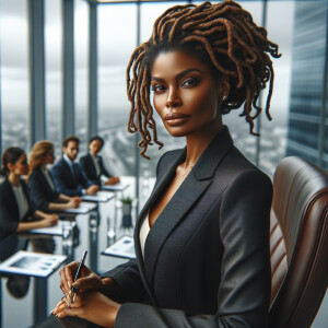 Describe a sophisticated Black woman with a caramel 
complexion, styled locs, and a sleek business suit, leading 
a boardroom discussion on environmental sustainability in 
a sleek urban office building."