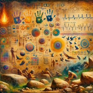 Cave Art with Handprints symbols for fire, water and air, macro, circuitry, cellular structures, DNA paint brushes and art pallets small birds, flying cardiogram print out slide detector print electromagnetic fields linear grid golden ratio, Colorful, spontaneous gestures, and marks