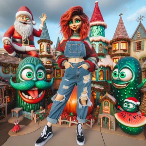 Whimsical Christmas scene A happy woman with shoulder -length, v...