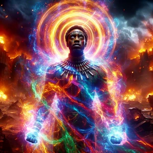 In front of a tempestuous environment, a bold warrior emerges. E...