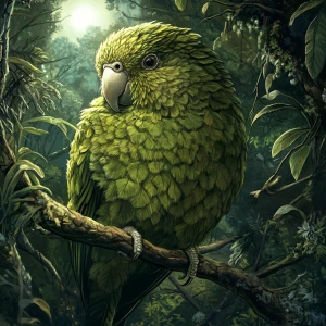 Create an illustration of a Kakapo, a nocturnal and flightless parrot with moss green feathers and a whiskered face, native to New Zealand, perched on a tree branch in a dense forest under moonlight.