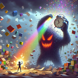 A playful cartoon character stands before a massive, shadowy tas...