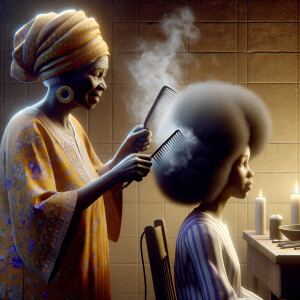 Create a realistic 3-D image of an african-American grandmother in the kitchen with her african-American granddaughter. The grandmother has a hot comb in her hair and she is straightening her granddaughters hair. One side of her granddaughters hair is in  a Afro the other is bone straight 
There is smoke coming from the hot comb