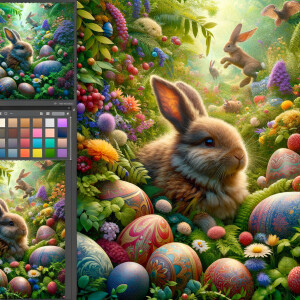 Create some ultra photorealistic images inspiring Easter, include some eggs and bunny , vivid colors, 9:16