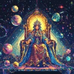 Create a 16-bit pixel art portrait of a majestic celestial empre...