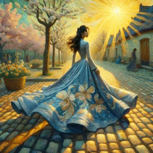 A young woman wearing a finely detailed blue dress, walking along a cobblestone path in a quiet village. Her dress flows gracefully as she moves, and the scene is illuminated by the golden hues of a setting sun, casting long shadows across the quaint, flower-filled square