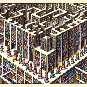 Create an MC Escher-inspired crayon drawing depicting a school library scene where twenty children are navigating through the aisles of bookshelves, intended for use as an intricate border surrounding a solid square reserved for text in an infographic.