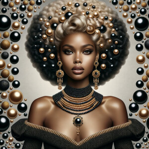 Imagine a digital portrait of a light skinned African-American Latino regal woman named KAREN Her attire and accessories are exclusively adorned with black and gold pearls. They grace her voluminous hair, styled in an elegant updo, where the black pearls form the roots and the gold pearls create the stunning curls. Her ears boast chandelier earrings, with black pearls clustered at the top, transitioning to gold pearls that dangle with delicate grace. Around her neck, a tiered necklace cascades with strands of alternating black and gold pearls, reflecting a sophisticated contrast.

Her shoulders are draped with a luxurious off-shoulder gown, the fabric's weave incorporating intricate patterns formed by black and gold pearls. The gown's texture has a subtle sheen, suggesting a high-quality material with a pearlescent finish. As a centerpiece, a grand brooch sits at her collar, with a large gold pearl surrounded by an elaborate design of smaller black pearls.

The background of the portrait features an abstract composition of floating pearls, swirling in a dance of shadows and light, emphasizing the color theme of black and gold. The name "KAREN" is discreetly integrated into the lower right corner of the artwork, blending seamlessly with the design, as if it were a signature part of the jewelry ensemble. The overall effect is one of timeless elegance, a blend of modern design and classic beauty, all tied together by the luxurious palette of black and gold.