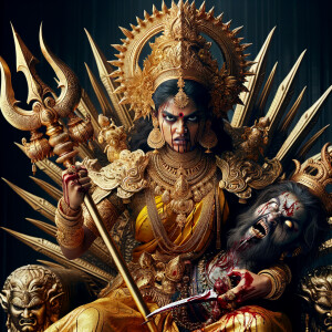 portrait of angry looking goddess durga sitting on a gold crown and carrying a weak mahishasur on her lap and stabbing him with her amazingly designed trident. She is wearing gold armor, a huge gold crown, gold saree, abundant  gold jewelry, covered in blood. The scene is set in ancient India. The image is 8K resolution, cinematic, ultra detailed face and epic.