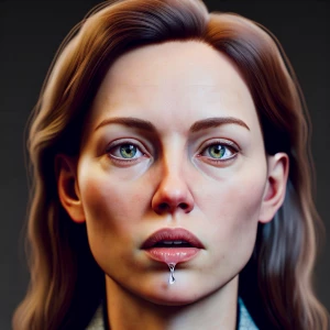 Create a hyper-realistic portrait of a woman exhibiting a vacant...