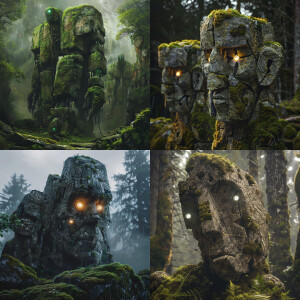 Massive humanoid figures made of ancient stone, covered in moss...