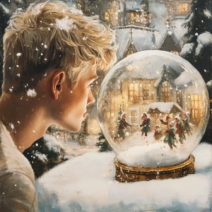 A whimsical scene depicting a blonde man facing forward toward c...