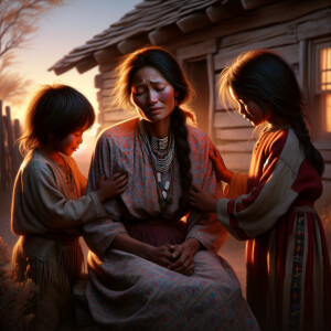 American Indian children hugging their struggling Mother