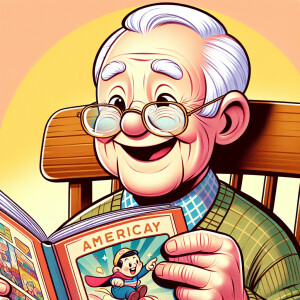 caricature of a 95 year old happy American grandpa sitting at a...
