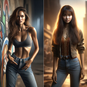 Athletic Thin skinny Attractive, Asian teenage girl, long brown hair and bangs, wearing tight skinny jeans and a halter top paint marks on her clothing, heroic pose Asian graffiti background,  backside view