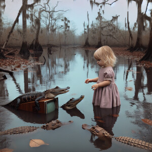 a young child in close proximity to three alligators in a Louisi...