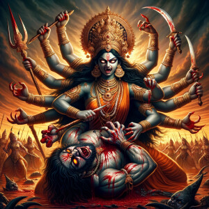 Portrait of angry four-armed goddess durga slaying mahishasur by carrying him in her arms and stabbing him with her red long nails. she should wear Gold jewelry all over the body. Mahishasur should have wounds all over his body. mahishasur should be smaller in size compared to Goddess durga. Background is an intense battlefield. reddish hue everywhere and sunset in the background.  Epic scene. 4k, HDR.