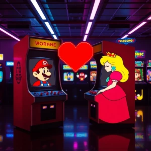 /imagine prompt: cinematic 1980s neon arcade, two vintage arcade...