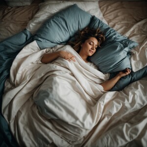 Full body shot of a Beautiful woman waking up laying in a fetal...