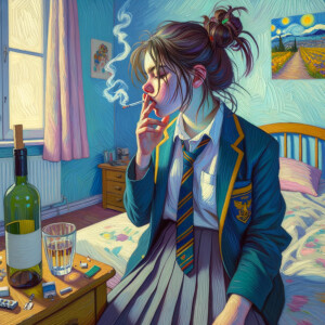 Schoolgirl smoking a cigarette in her room with a bottle of wine.