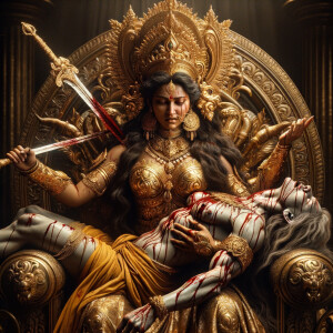 portrait of angry looking goddess durga sitting on a gold crown...