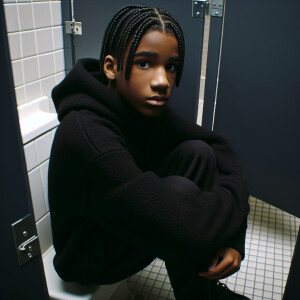 14 yrs old black boy wearing dark black sweatshirt and dark blac...