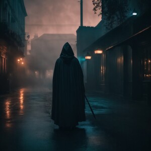 A dark foggy black character with a sword walking down the stree...
