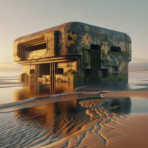 Abandoned military bunker half underwater on beach, hyper-realis...