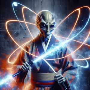 An alien samurai swallows atomic electron energy