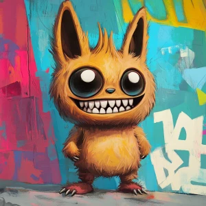 Stylized character portrait of a mischievous designer toy creat...