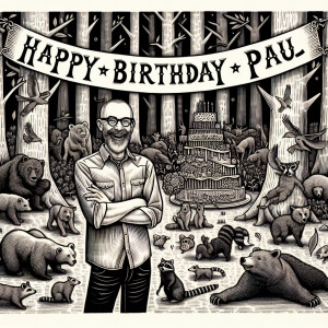 Generate a photorealistic image of a birthday party in a dense f...