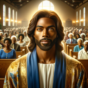 Illustrate an inspiring African-American Jesus crust with a dign...