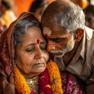 A indian funeral scene,a 47 year old woman grieving consoled by...