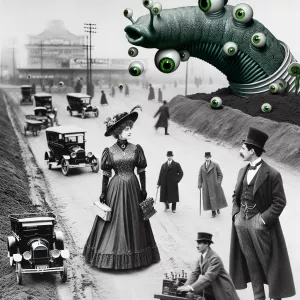 Create a monochromatic, early 20th-century science fiction scene...