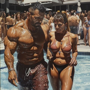 Painting realism photo,a muscular beefy criminal man walking wit...