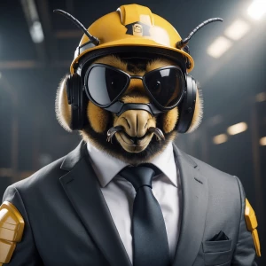 A worker bee in a business suit and wearing a construction helme...