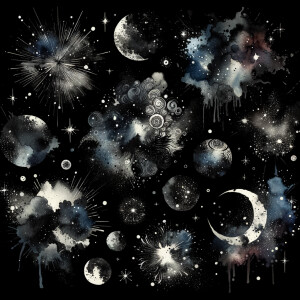 A black background with watercolor designs scattered around, sca...