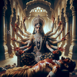 portrait of intense looking, four-armed indian goddess sitting...