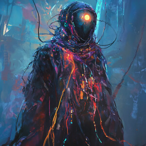 A chilling outré time traveler appears, draped in tattered, futu...